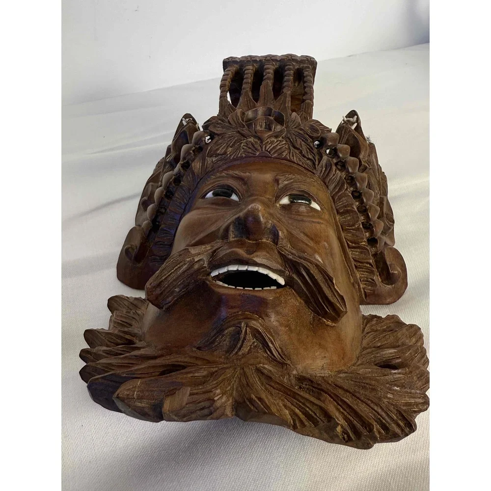 Vintage Chinese Asian Wooden Intricate Carved Decorative Mask With Dragons